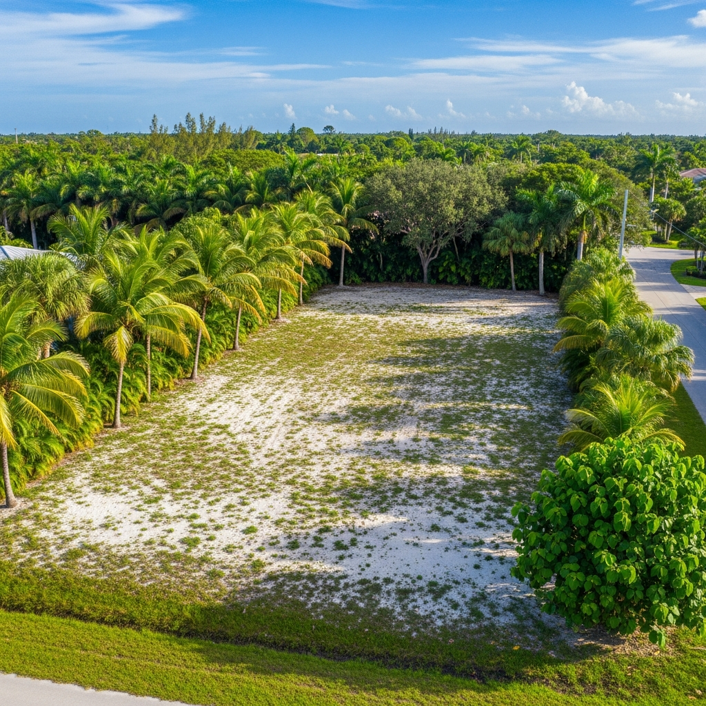 Vacant commercial land parcel in Davie Florida, 0.84 acres A-1 zoning, aerial or ground-level view of cleared South Florida development land, lush greenery surrounding, blue sky, commercial real estate photography