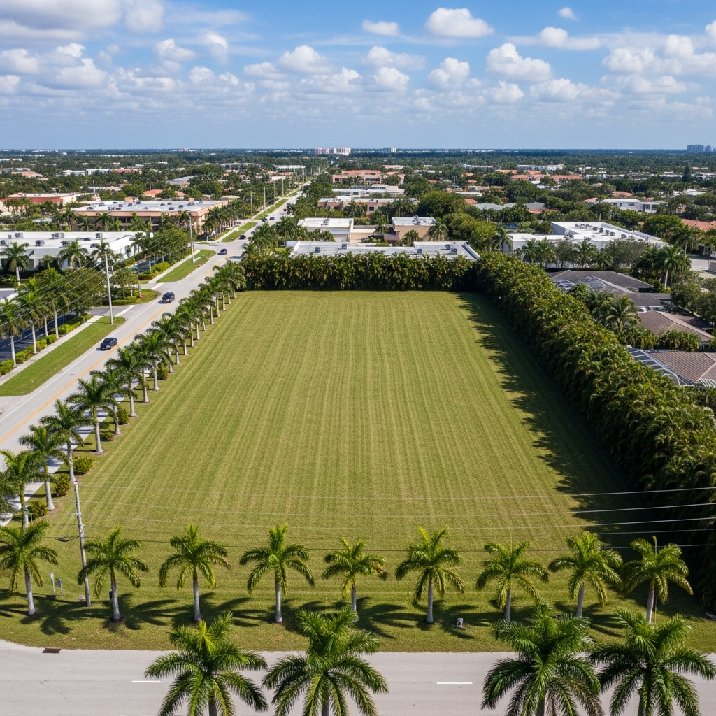 0.84 acre commercial land plot in Davie Florida, A-1 agricultural-commercial zoning, cleared lot, aerial view, South Florida land listing real estate photography