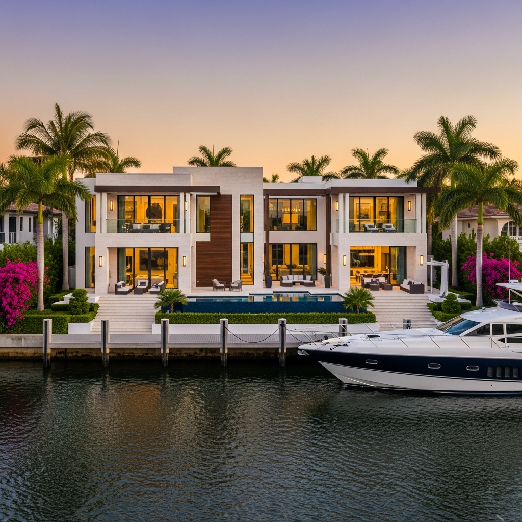 Stunning luxury waterfront home in Fort Lauderdale FL, 5 bedroom two-story residence with modern architecture, lush tropical landscaping, warm golden hour lighting, premium South Florida residential real estate photography style