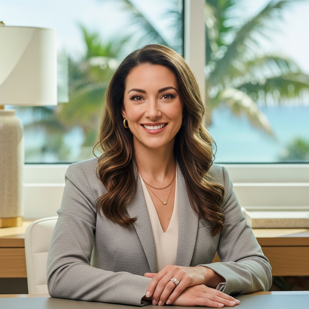 Professional portrait of a confident female real estate agent, warm smile, business professional attire, South Florida coastal office setting, natural window light, editorial photography style, warm neutral tones