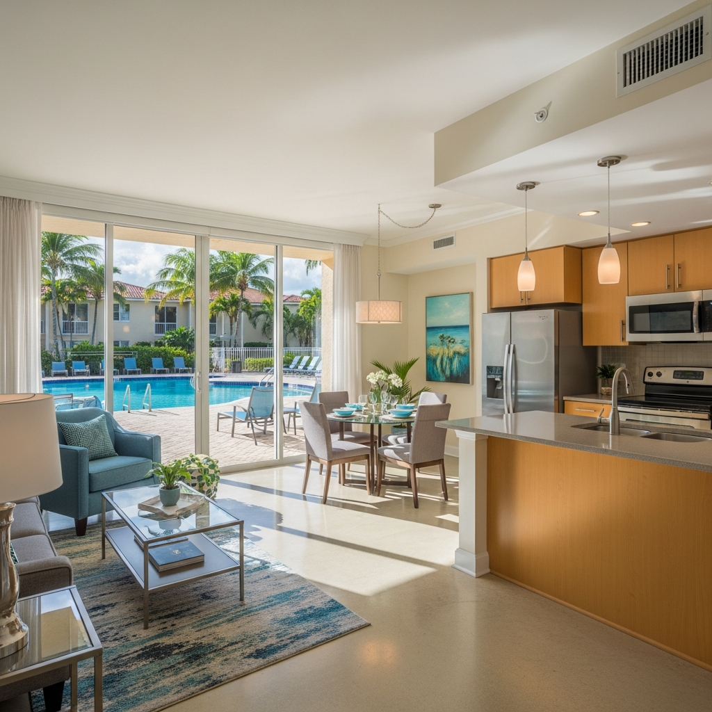 Modern condominium unit in Plantation Florida, bright 2-bedroom condo with open floor plan, contemporary interiors, pool or community amenity view, South Florida condo real estate photography, warm inviting atmosphere