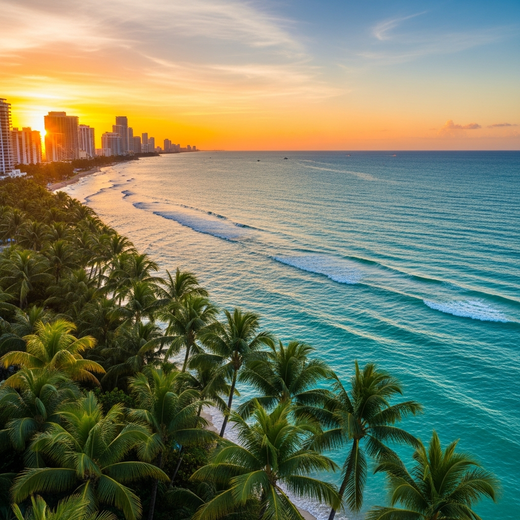 Beautiful South Florida coastal skyline at golden hour, turquoise waters, palm trees lining the shore, warm amber and soft blue tones, inviting and professional atmosphere perfect for a real estate agent's contact page