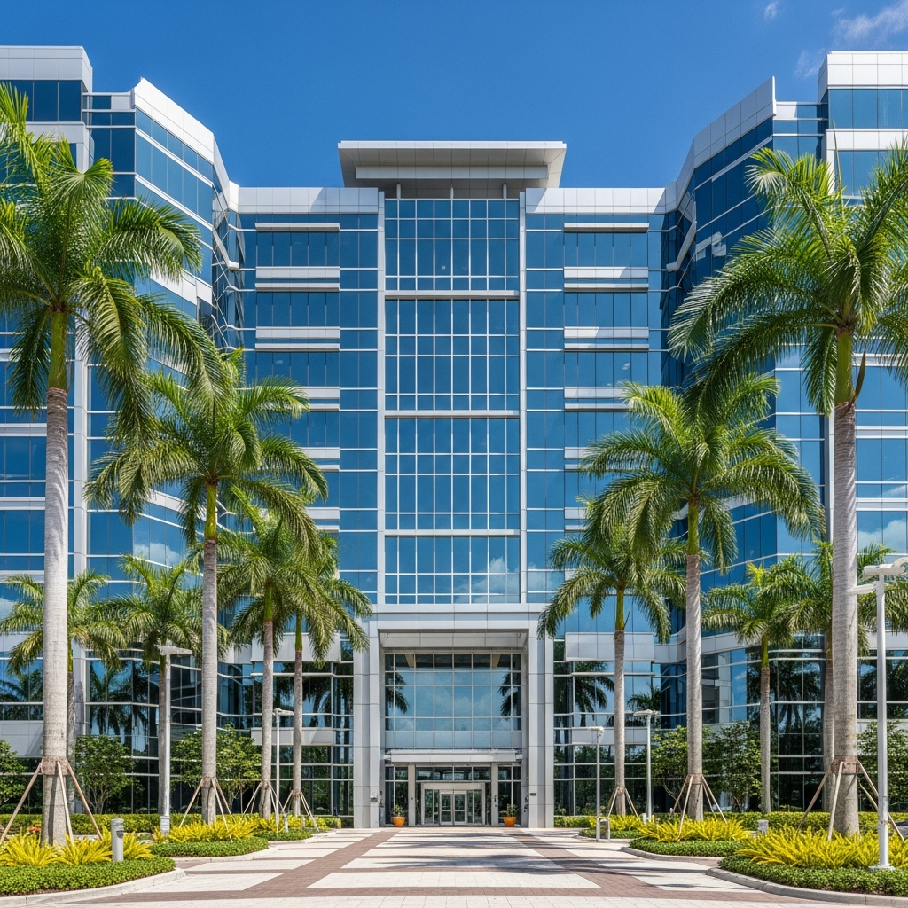 Modern South Florida commercial office building exterior, glass and steel architecture, palm-lined entrance, blue sky, professional business real estate photography, clean corporate aesthetic