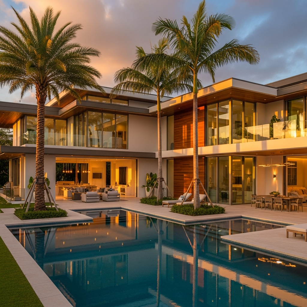 Stunning 5-bedroom 4-bathroom luxury home in Fort Lauderdale Florida, modern architecture, large pool, lush palm trees, professional real estate photography, warm sunset lighting, $2.29 million listing