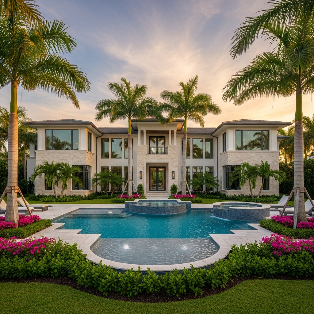 Stunning South Florida luxury residential home with lush tropical landscaping, palm trees, pool, and architectural detail, warm golden hour light, coastal elegance, wide shot, professional real estate photography