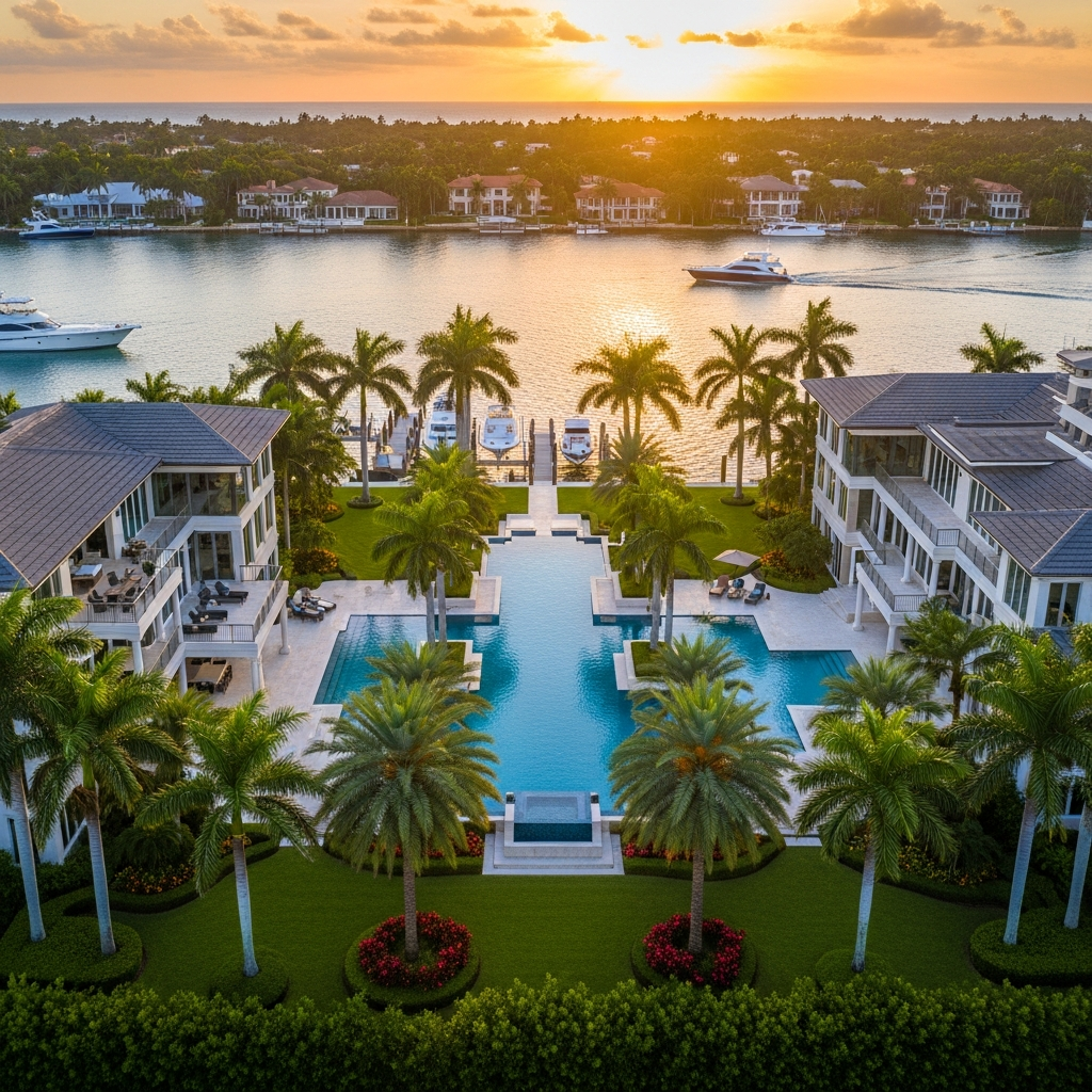 Stunning South Florida luxury waterfront property aerial view at sunset, warm golden light, lush tropical landscaping, pool, palm trees, upscale residential real estate photography