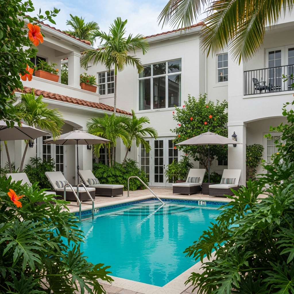 Inviting South Florida rental property with resort-style pool and lush courtyard, architectural photography, warm daylight, tropical plants, clean modern design with terracotta accents