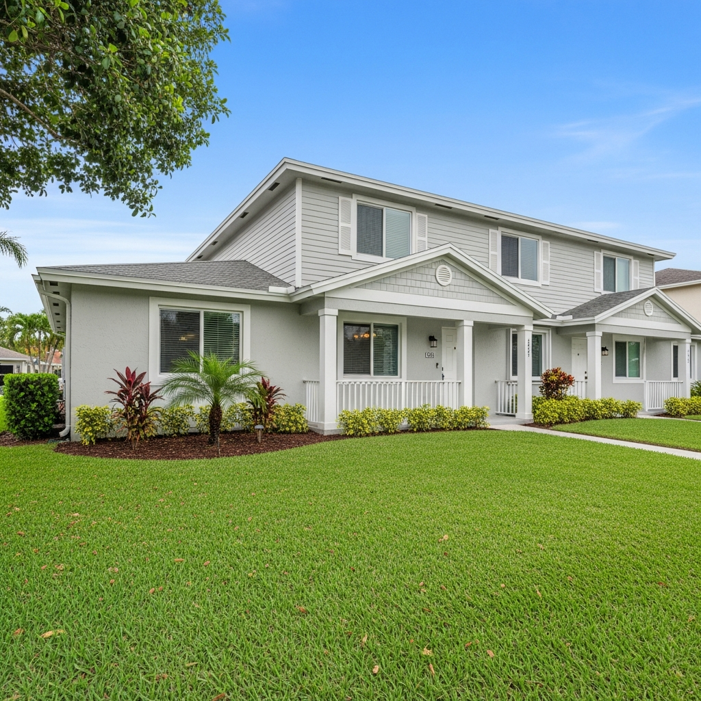Well-maintained 3-bedroom 3-bathroom townhouse in Tamarac Florida, suburban neighborhood, green lawn, Florida bungalow style, professional real estate listing photography