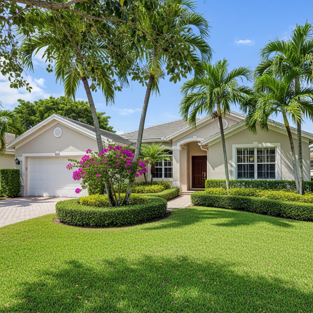 Beautiful single-family home in Tamarac Florida, 3 bedroom well-maintained residence with manicured lawn, double-car garage, suburban South Florida neighborhood, bright natural daylight, real estate photography